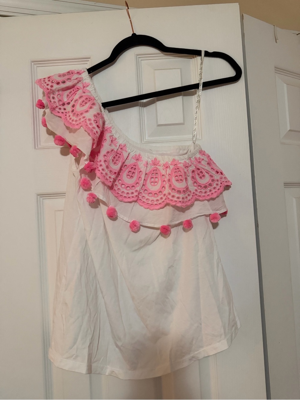 Lilly Pulitzer White Top with Pink Floral Embroidered Ruffle
